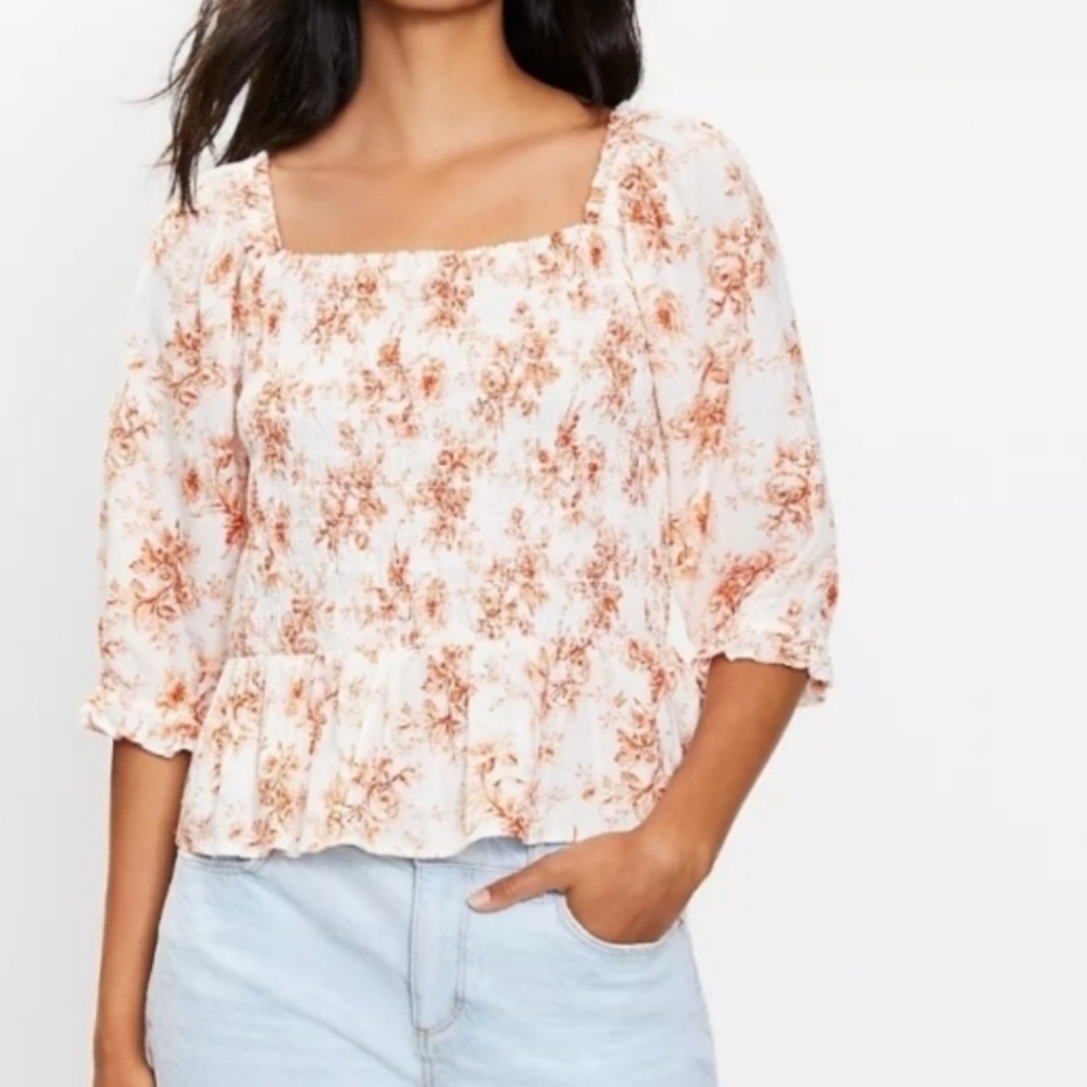 LOFT Orange Smocked Floral Peplum Blouse Puff Sleeve Cottagecore Resort Retro